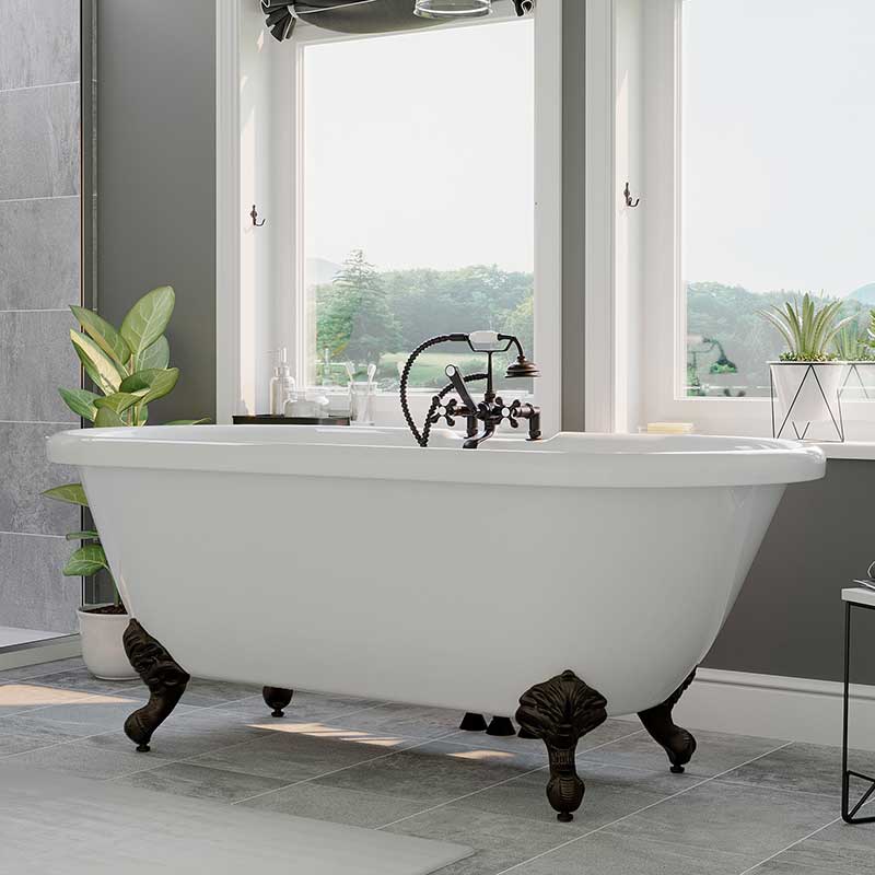 Cambridge Plumbing Acrylic Double Ended Clawfoot Bathtub 70" X 30" with Faucet Drillings and Complete Chrome Plumbing Package