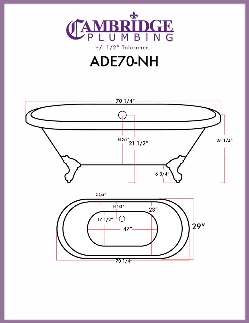 Cambridge Plumbing Acrylic Double Ended Clawfoot Bathtub 70" X 30" with No Faucet Drillings and Brushed Nickel Feet 2