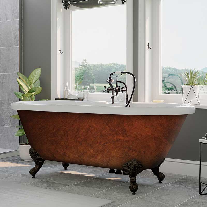 Cambridge Plumbing Acrylic Slipper Clawfoot Bathtub 60”x29" Faux Copper Bronze Finish on Exterior with No Deck Faucet Drillings and Oil Rubbed Bronze Feet