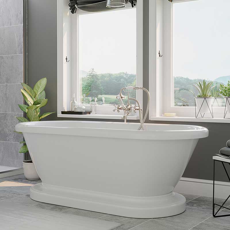Cambridge Plumbing Acrylic Double Ended Pedestal Bathtub 70" X 30" with no Faucet Drillings and Complete Brushed Nickel Plumbing Package