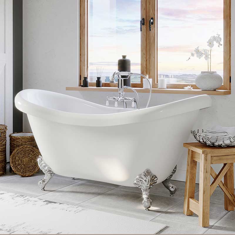 Cambridge Plumbing Acrylic Double Ended Slipper Bathtub 68" X 28" with no Faucet Drillings and Complete Polished Chrome Plumbing Package