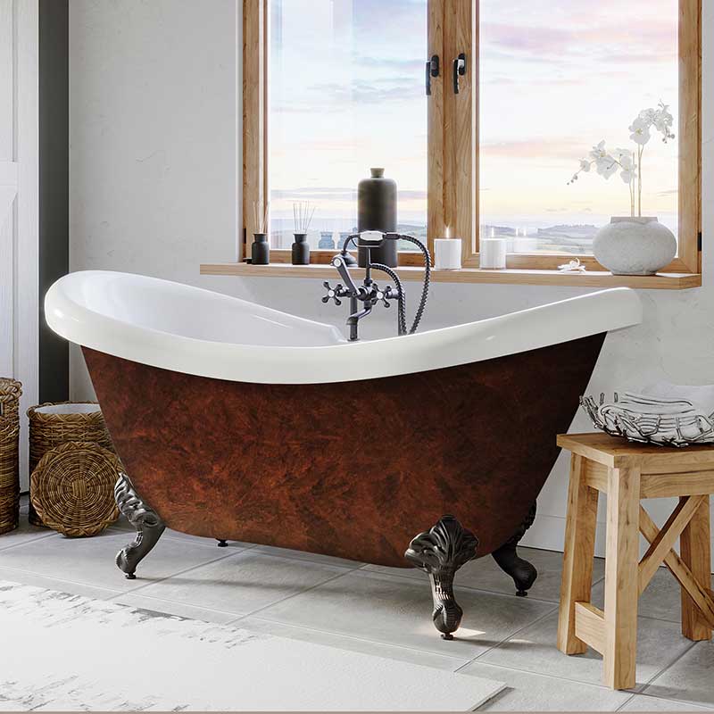 Cambridge Plumbing Acrylic Slipper Clawfoot Bathtub 70”x30" Faux Copper Bronze Finish on Exterior with 7" Deck Mount Faucet Drillings and Oil Rubbed Bronze Feet