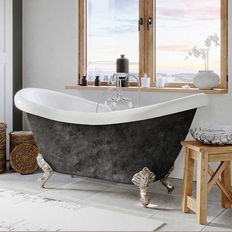 Cambridge Plumbing Scorched Platinum Acrylic Double Ended Slipper Bathtub 68" X 28" with 7" Deck Mount Faucet Drillings and Brushed Nickel Feet