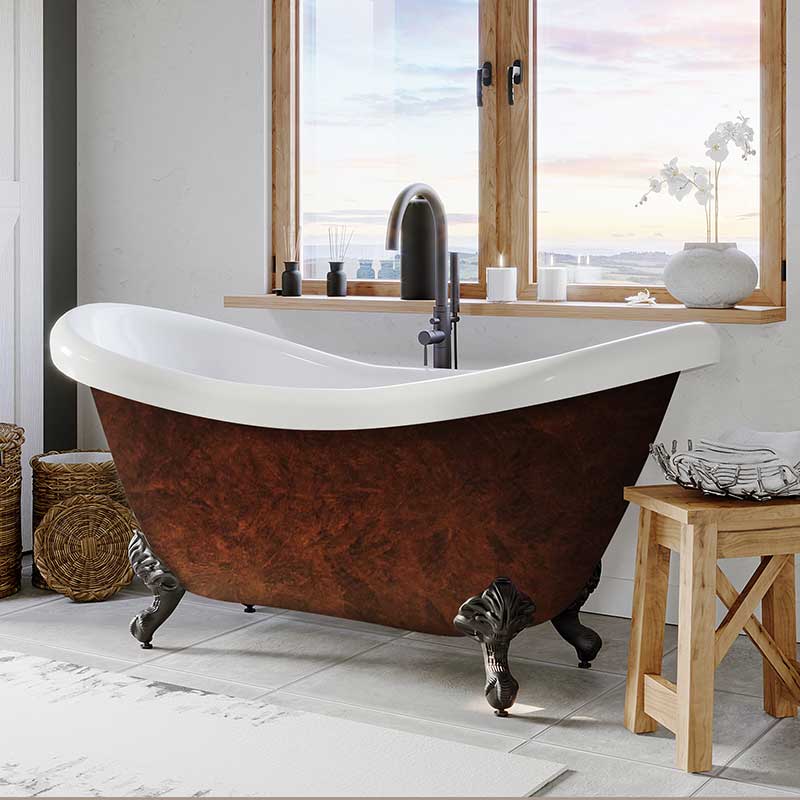 Cambridge Plumbing Acrylic Slipper Clawfoot Bathtub 70”x30" Faux Copper Bronze Finish on Exterior with No Faucet Drillings and Oil Rubbed Bronze Feet