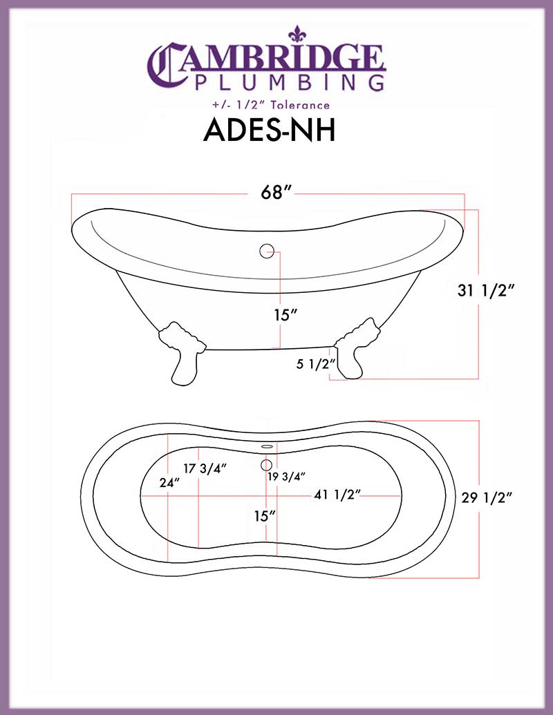 Cambridge Plumbing Acrylic Double Ended Slipper Bathtub 68" X 28" with No Faucet Drillings and Oil Rubbed Bronze Feet 2