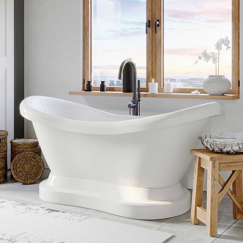 Cambridge Plumbing Acrylic Double Ended Pedestal Slipper Bathtub 68" X 28" with No Faucet Drillings and Complete Oil Rubbed Bronze Plumbing Package
