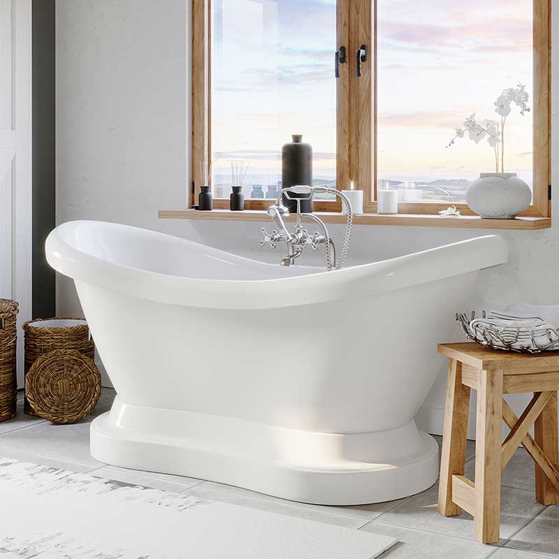 Cambridge Plumbing Acrylic Double Ended Pedestal Slipper Bathtub 68" X 28" with No Faucet Drillings and Complete Brushed Nickel Plumbing Package