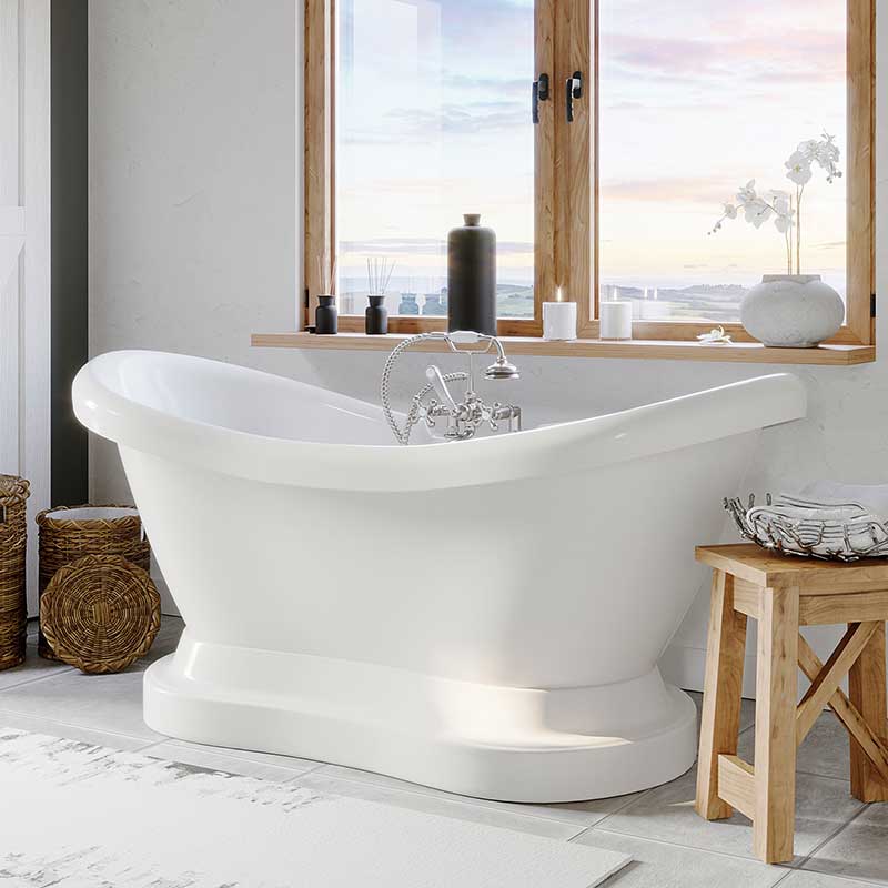 Cambridge Plumbing Acrylic Double ended Slipper Tub with a Pedestal, W/ holes 2" deck risers, Classic Telephone style faucet, and Complete Brushed Nickel Plumbing package.