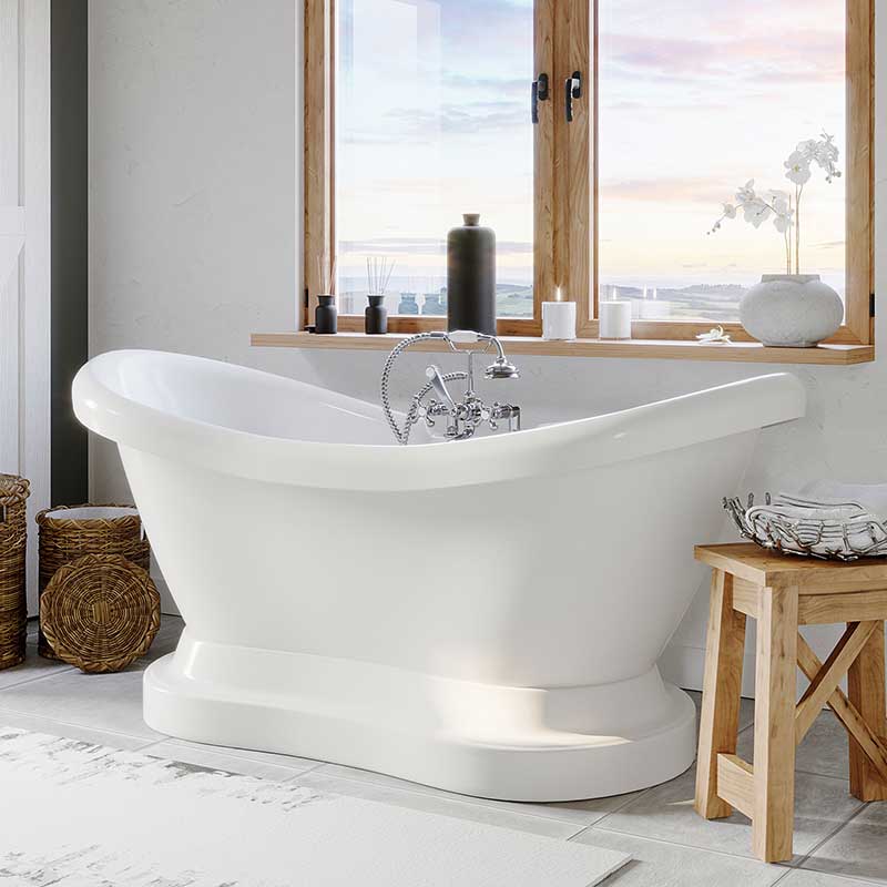 Cambridge Plumbing Acrylic Double ended Slipper Tub with a Pedestal, W/ holes 2" deck risers, Classic Telephone style faucet, and Complete Chrome Plumbing package.