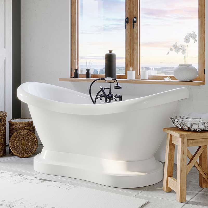 Cambridge Plumbing Acrylic Double ended Slipper Tub with a Pedestal, W/ holes 2" deck risers, Classic Telephone style faucet, and Complete ORB Plumbing package.