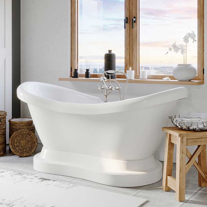 Cambridge Plumbing Acrylic Double ended Slipper Tub with a Pedestal, W/ holes 6" deck risers, Classic Telephone style faucet, and Complete Brushed Nickel Plumbing package.
