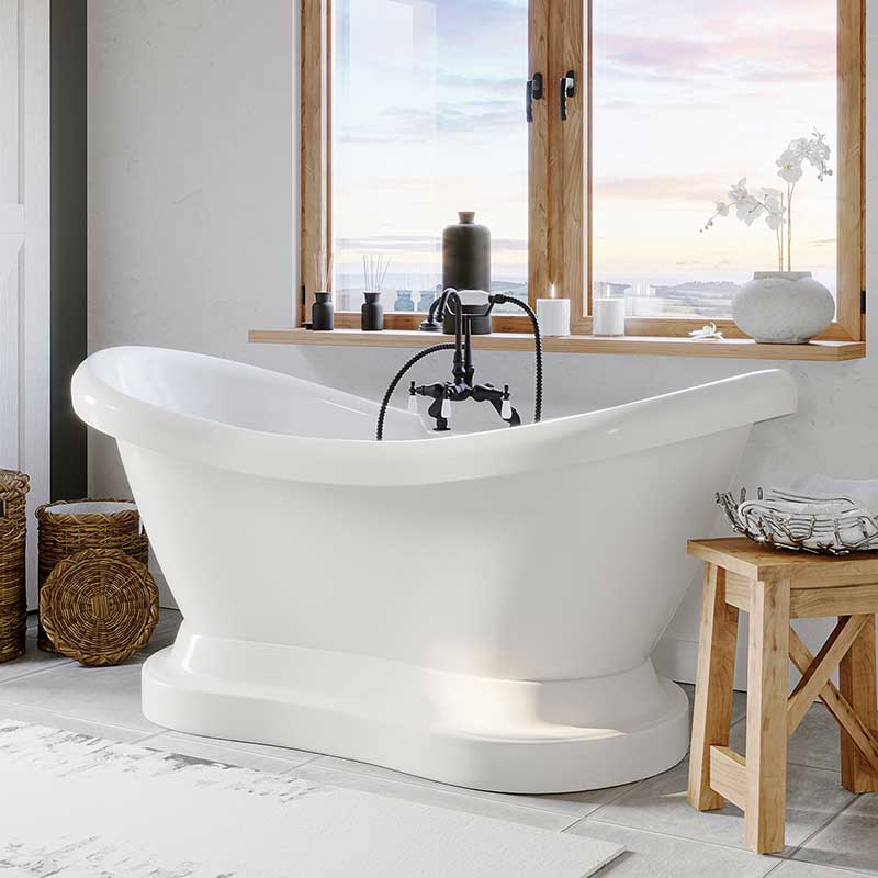 Cambridge Plumbing Acrylic Double Ended Pedestal Slipper Bathtub 68" X 28" with 7" Deck Mount Faucet Drillings and Complete Oil Rubbed Bronze Plumbing Package