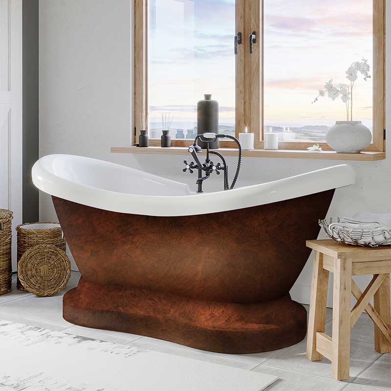 Cambridge Plumbing Acrylic Double Ended Slipper tub on a Pedestal with Faucet drillings and Copper Bronze paint.