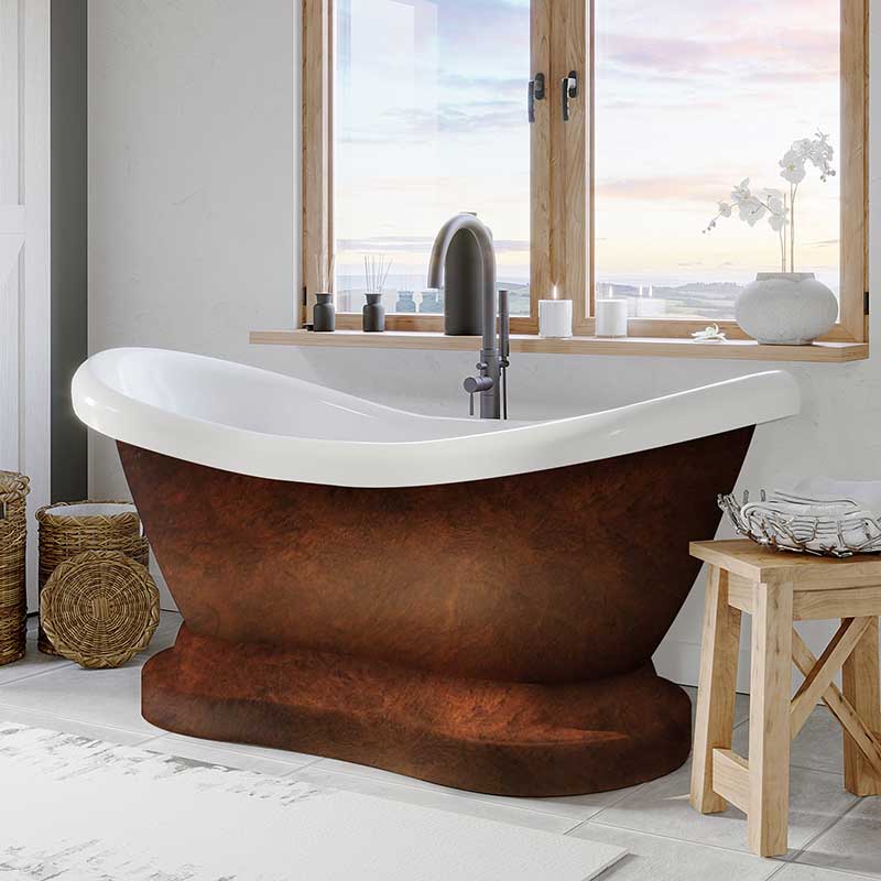 Cambridge Plumbing Acrylic Double Ended Slipper tub on a Pedestal with no faucet drillings and copper bronze paint.