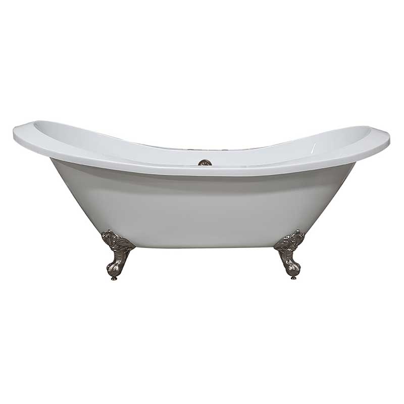 Cambridge Plumbing Extra Large Acrylic Double Slipper Clawfoot Tub, Brushed Nickel Feet and Deck Mount Faucet Holes