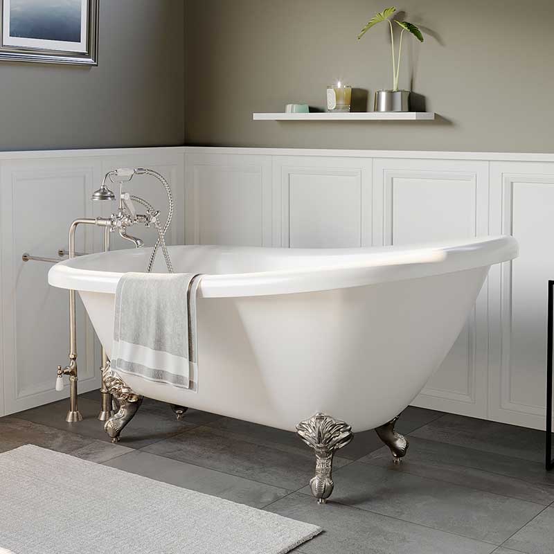 Cambridge Plumbing Acrylic Slipper Bathtub 61" X 28" with No Faucet Drillings and Complete Brushed Nickel Plumbing Package