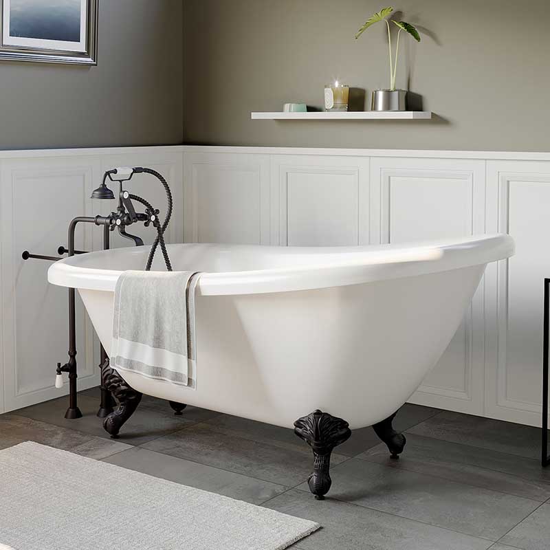 Cambridge Plumbing Acrylic Slipper Bathtub 61" X 28" with 7" Deck Mount Faucet Drillings and Complete Oil Rubbed Bronze Plumbing Package