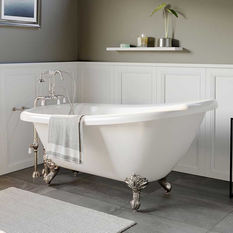 Cambridge Plumbing Acrylic Slipper Bathtub 61" X 28" with No Faucet Drillings and Complete Brushed Nickel Plumbing Package