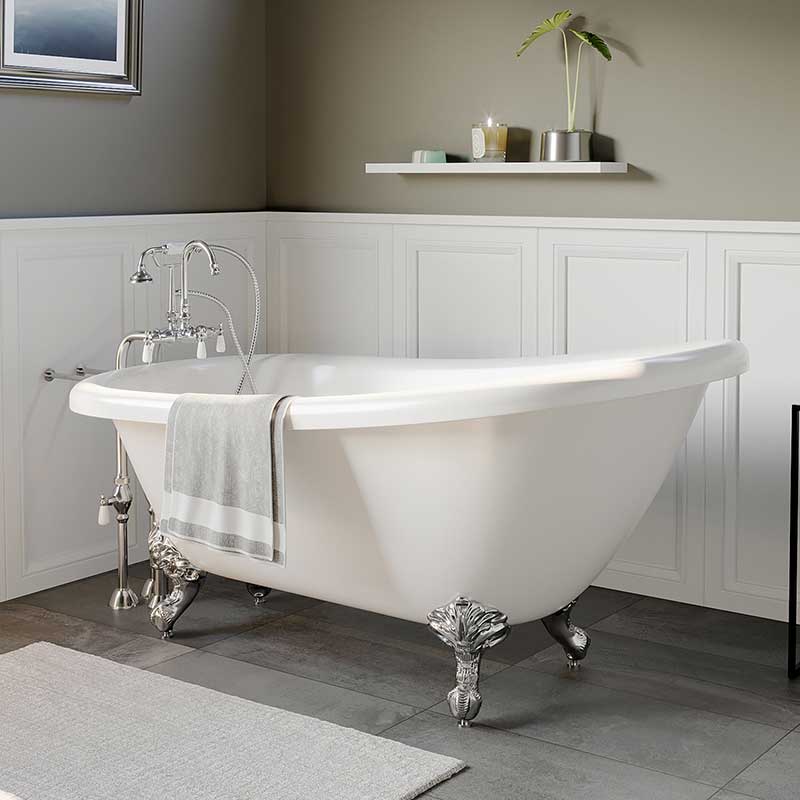 Cambridge Plumbing Acrylic Slipper Bathtub 61" X 28" with No Faucet Drillings and Complete Polished Chrome Plumbing Package