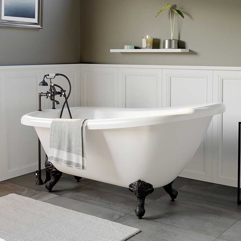 Cambridge Plumbing Acrylic Slipper Bathtub 61" X 28" with 7" Deck Mount Faucet Drillings and Oil Rubbed Bronze Feet