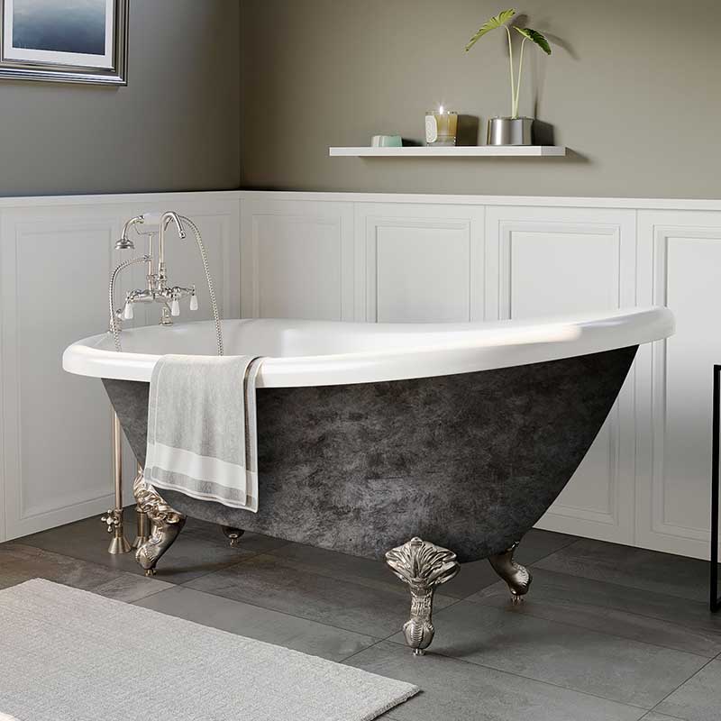 Cambridge Plumbing Scorched Platinum 61” x 28” Acrylic Slipper Bathtub with” 7” Deck Mount Faucet Holes and Brushed Nickel Ball and Claw Feet