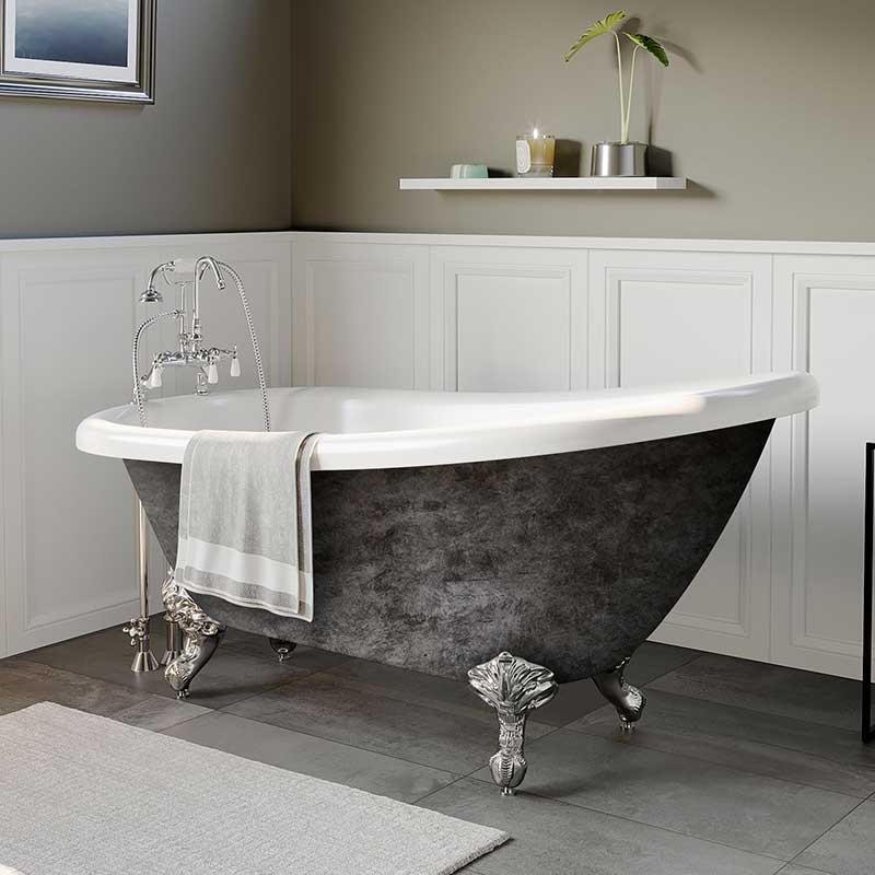 Cambridge Plumbing Scorched Platinum 61” x 28” Acrylic Slipper Bathtub with” 7” Deck Mount Faucet Holes and Polished Chrome Ball and Claw Feet
