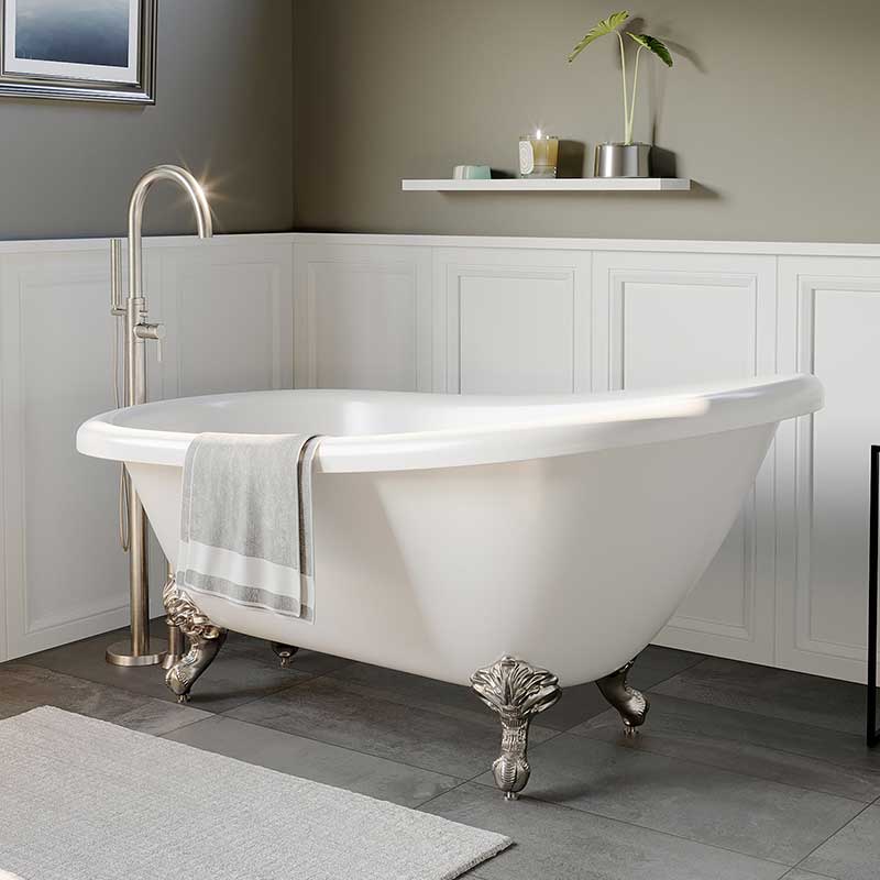 Cambridge Plumbing Acrylic Slipper Bathtub 61" X 28" with No Faucet Drillings and Brushed Nickel Feet