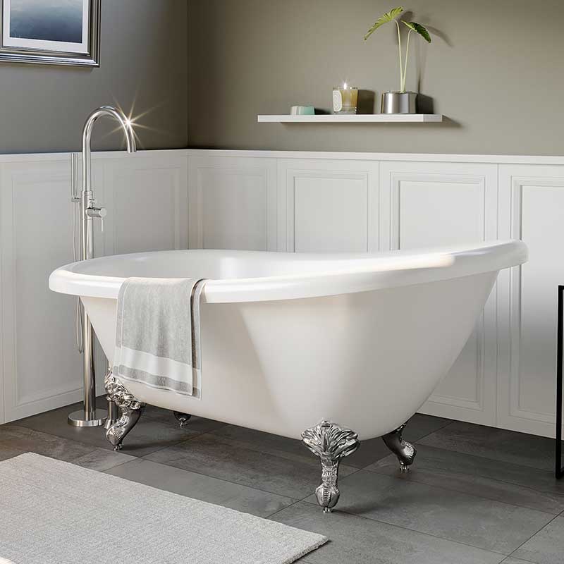 Cambridge Plumbing Acrylic Slipper Bathtub 61" X 28" with No Faucet Drillings and Polished Chrome Feet