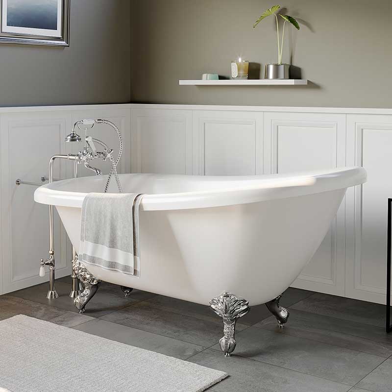 Cambridge Plumbing Acrylic Slipper Bathtub 67" X 28" with no Faucet Drillings and Complete Polished Chrome Plumbing Package