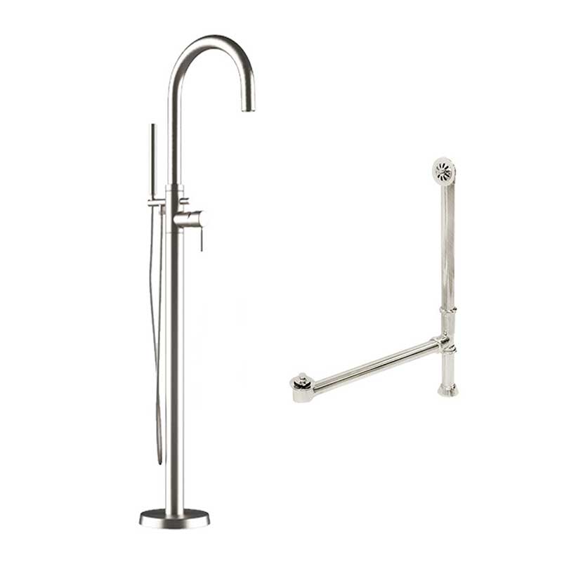 Cambridge Plumbing Complete Plumbing Package for Free Standing Tubs With No Faucet Holes. Modern Gooseneck Style Faucet With Hand Held Wand Shower and Supply Lines plus Drain and Overflow Assembly in Brushed Nickel.