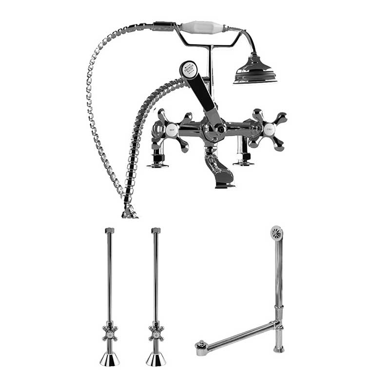 Cambridge Plumbing Complete Plumbing Package for Deck Mount Claw Foot Tub. Classic Telephone Style Faucet With 2 Inch Deck Risers, Supply Lines With Shut Off valves, Drain Assembly. Polished Chrome.
