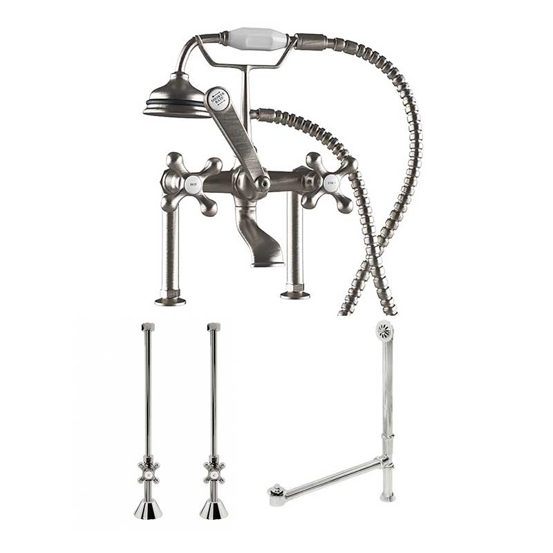 Cambridge Plumbing Complete Plumbing Package for Deck Mount Claw Foot Tub. Classic Telephone Style Faucet With 6 Inch Deck Risers, Supply Lines With Shut Off valves, Drain Assembly. Brushed Nickel.