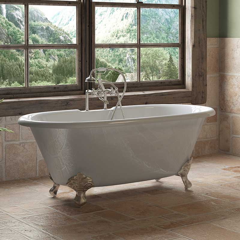 Cambridge Plumbing Cast Iron Double Ended Clawfoot Tub 60" X 30" with 7" Deck Mount Faucet Drillings and Brushed Nickel Feet