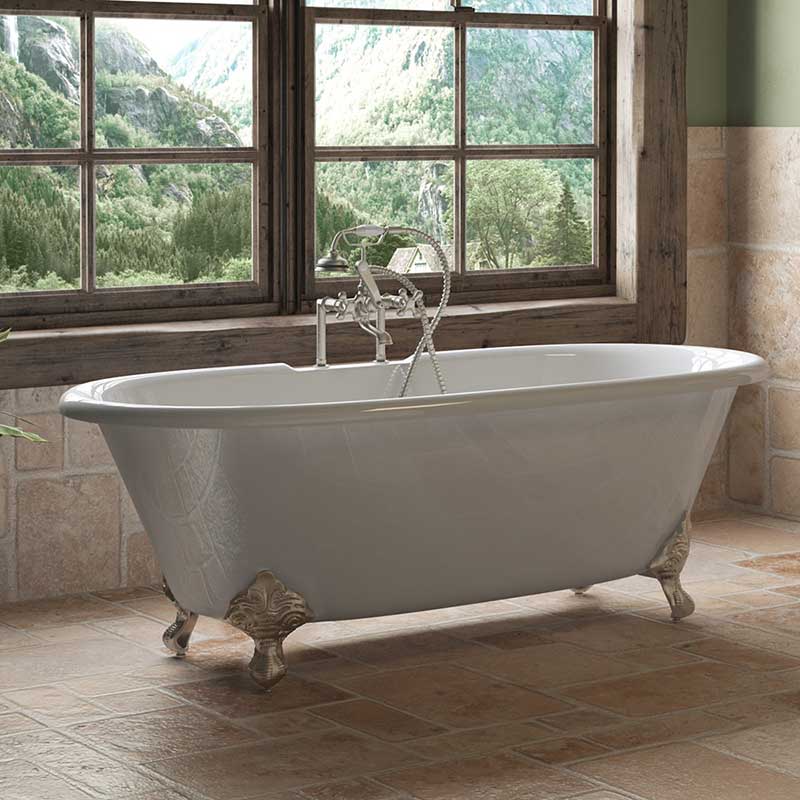 Cambridge Plumbing Cast Iron Double Ended Clawfoot Tub 67" X 30" with 7" Deck Mount Faucet Drillings and Brushed Nickel Feet