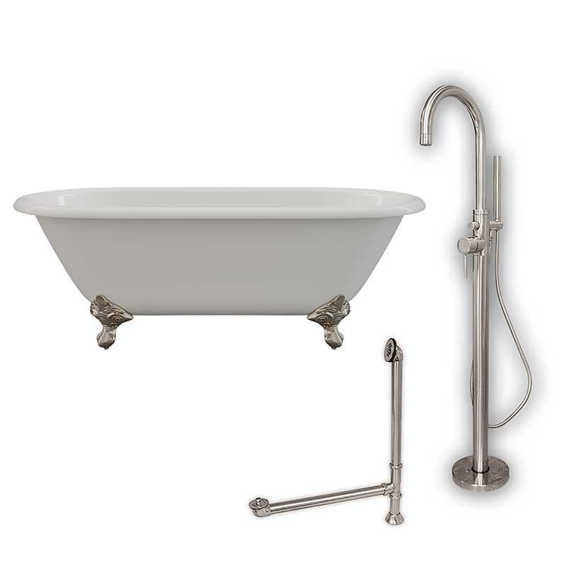 Cambridge Plumbing Cast Iron Double Ended Clawfoot Tub 60" X 30" with no Faucet Drillings and Complete Brushed Nickel Modern Freestanding Tub Filler with Hand Held Shower Assembly Plumbing Package