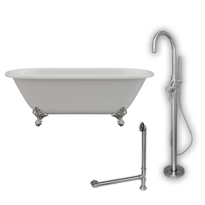 Cambridge Plumbing Cast Iron Double Ended Clawfoot Tub 60" X 30" with no Faucet Drillings and Complete Polished Chrome Modern Freestanding Tub Filler with Hand Held Shower Assembly Plumbing Package
