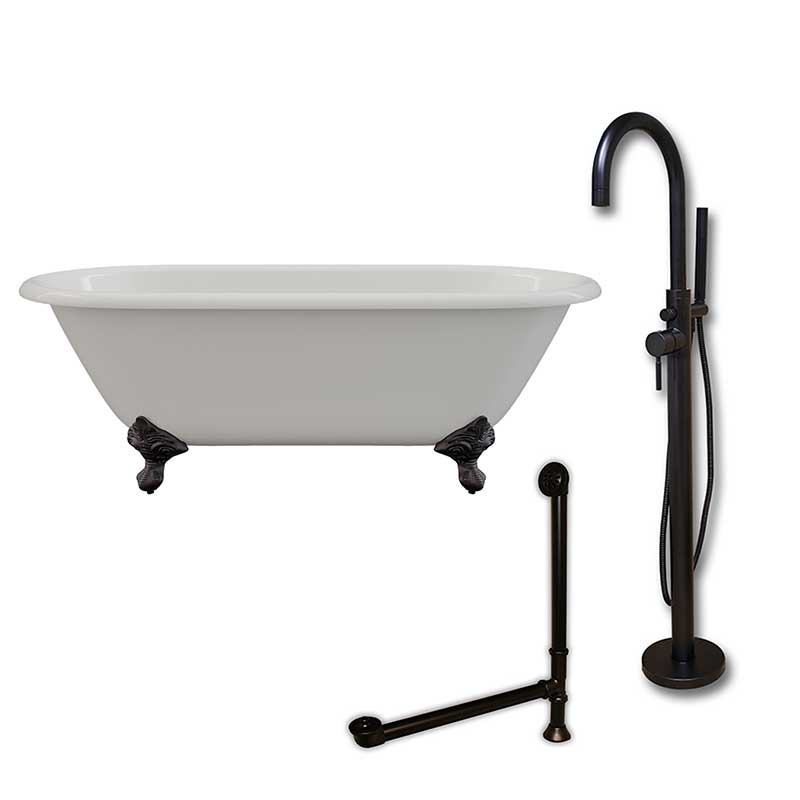 Cambridge Plumbing Cast Iron Double Ended Clawfoot Tub 60" X 30" with no Faucet Drillings and Complete Oil Rubbed Bronze Modern Freestanding Tub Filler with Hand Held Shower Assembly Plumbing Package