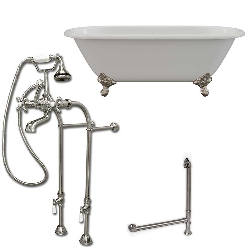 Cambridge Plumbing Cast Iron Double Ended Clawfoot Tub 60" X 30" with No Faucet Drillings and Complete Free Standing British Telephone Faucet and Hand Held Shower Brushed Nickel Plumbing Package