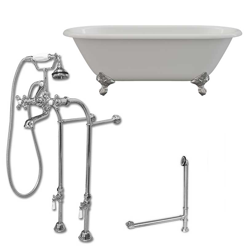 Cambridge Plumbing Cast Iron Double Ended Clawfoot Tub 60" X 30" with No Faucet Drillings and Complete Free Standing British Telephone Faucet and Hand Held Shower Polished Chrome Plumbing Package