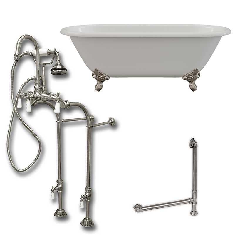 Cambridge Plumbing Cast Iron Double Ended Clawfoot Tub 60" X 30" with no Faucet Drillings and Complete Brushed Nickel Free Standing English Telephone Style Faucet with Hand Held Shower Assembly Plumbing Package