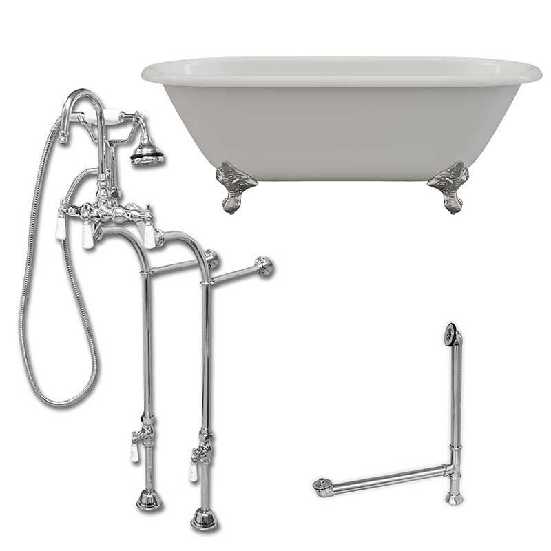 Cambridge Plumbing Cast Iron Double Ended Clawfoot Tub 60" X 30" with no Faucet Drillings and Complete Polished Chrome Free Standing English Telephone Style Faucet with Hand Held Shower Assembly Plumbing Package