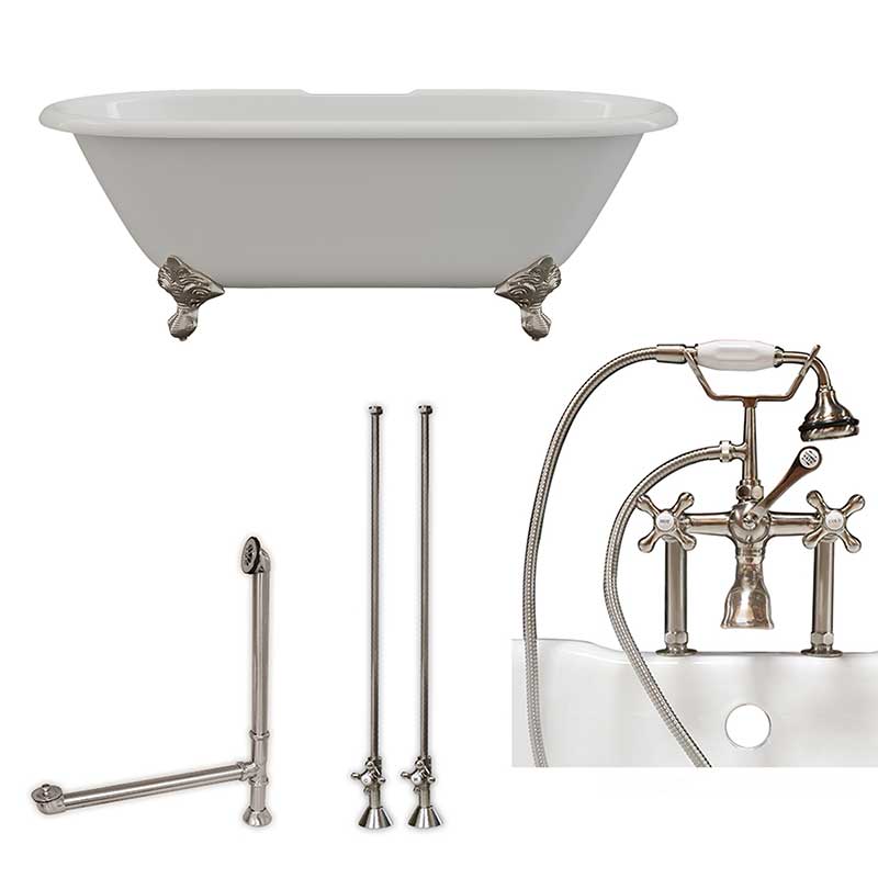 Cambridge Plumbing Cast Iron Double Ended Clawfoot Tub 60" X 30" with 7" Deck Mount Faucet Drillings and British Telephone Style Faucet Complete Brushed Nickel Plumbing Package With Six Inch Deck Mount Risers