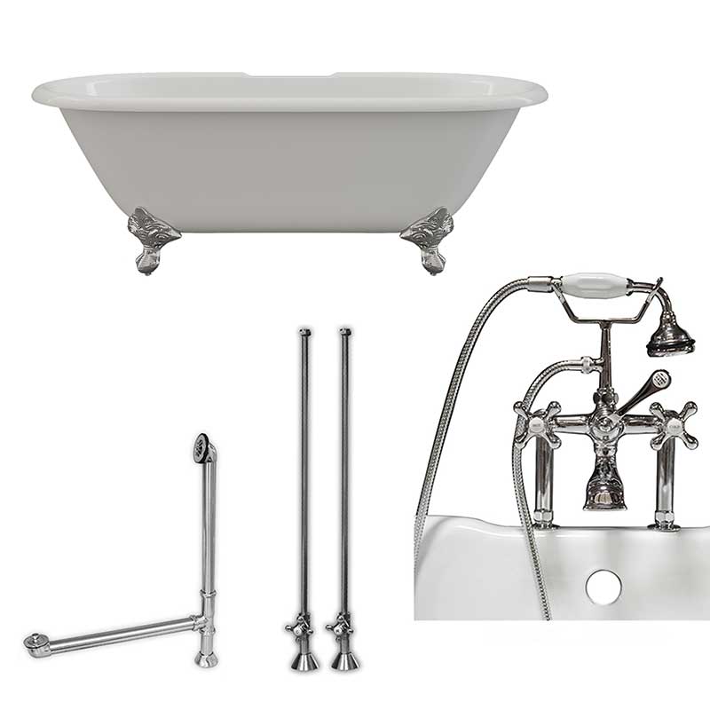 Cambridge Plumbing Cast Iron Double Ended Clawfoot Tub 60" X 30" with 7" Deck Mount Faucet Drillings and British Telephone Style Faucet Complete Polished Chrome Plumbing Package With Six Inch Deck Mount Risers