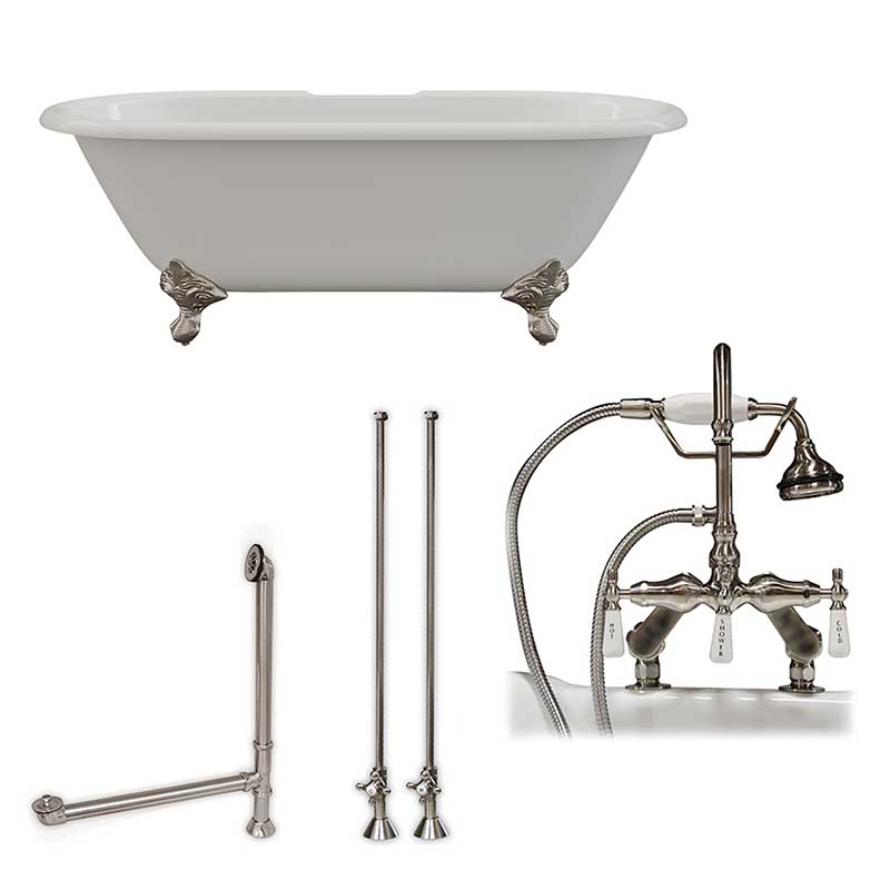 Cambridge Plumbing Cast Iron Double Ended Clawfoot Tub 60" X 30" with 7" Deck Mount Faucet Drillings and English Telephone Style Faucet Complete Brushed Nickel Plumbing Package