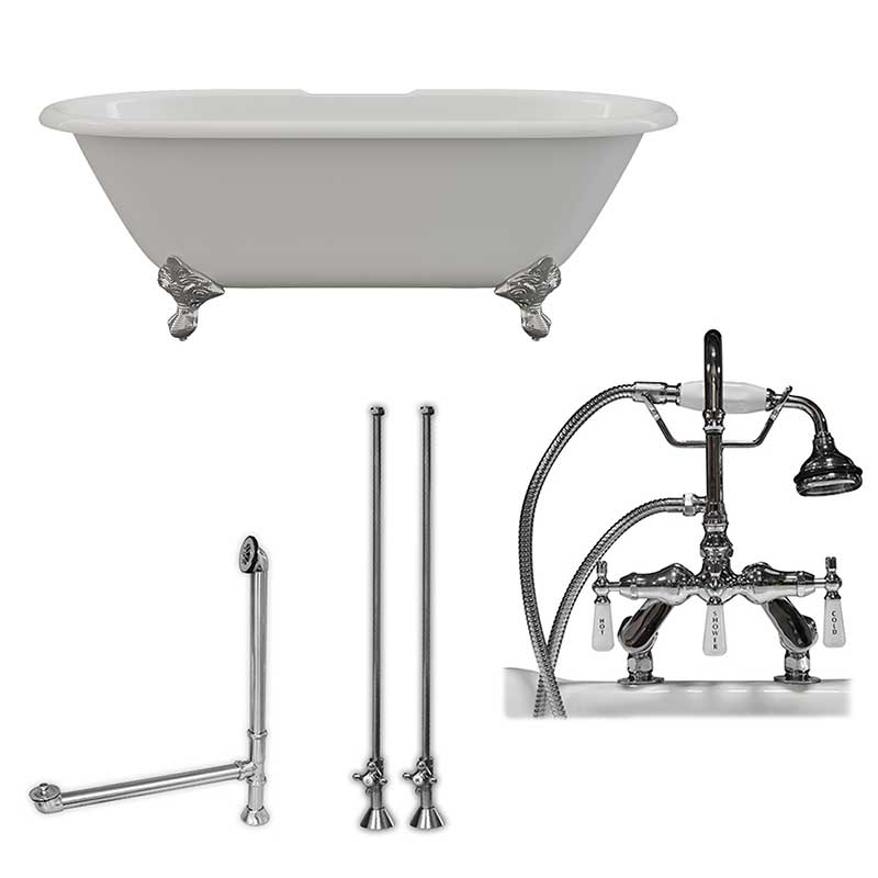 Cambridge Plumbing Cast Iron Double Ended Clawfoot Tub 60" X 30" with 7" Deck Mount Faucet Drillings and English Telephone Style Faucet Complete Polished Chrome Plumbing Package