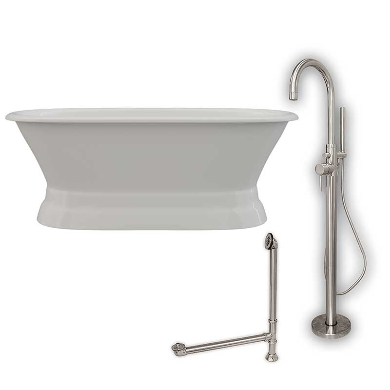Cambridge Plumbing 66 Inch Cast Iron Dual Ended Pedestal Bathtub with no Faucet drillings & Complete plumbing package in Brushed Nickel