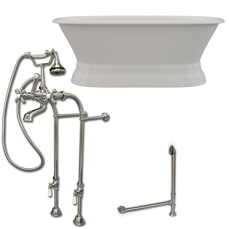 Cambridge Plumbing 66 Inch Cast Iron Dual Ended Pedestal Bathtub with No Faucet drillings and Complete plumbing packge in Brushed Nickel