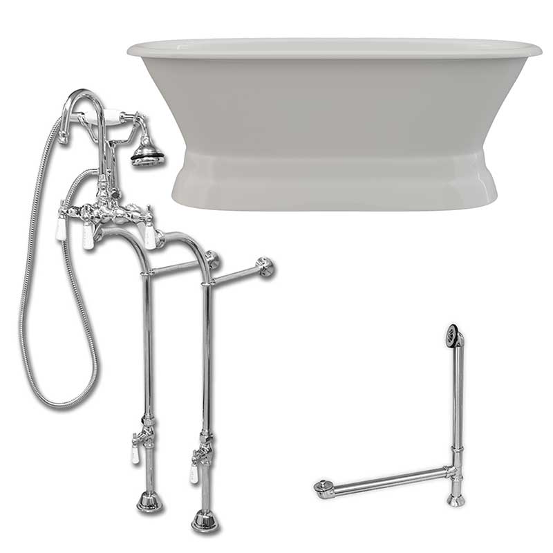 Cambridge Plumbing 66 Inch Cast Iron Dual Ended Pedestal Bathtub with No Faucet drillings and Complete plumbing packge in Polished Chrome