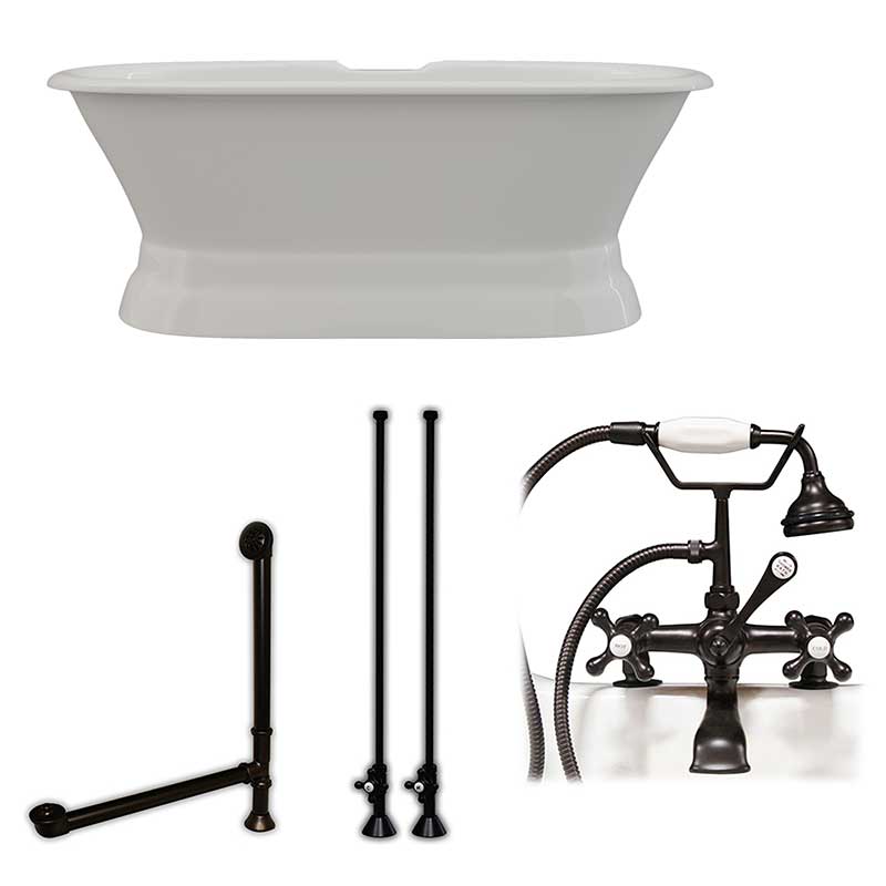 Cambridge Plumbing 66 Inch Cast Iron Dual Ended Pedestal Bathtub with Deckmount faucet drillings Complete plumbing package in Oil Rubbed Bronze