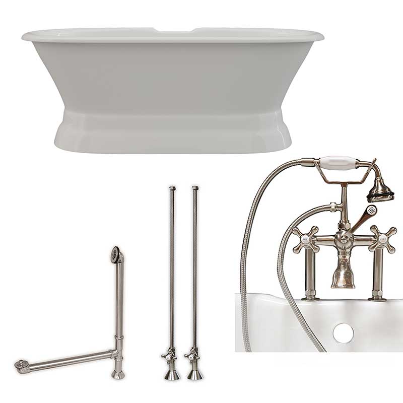 Cambridge Plumbing 66 Inch Cast Iron Dual Ended Pedestal Bathtub with Deckmount faucet drillings Complete plumbing package in Brushed Nickel